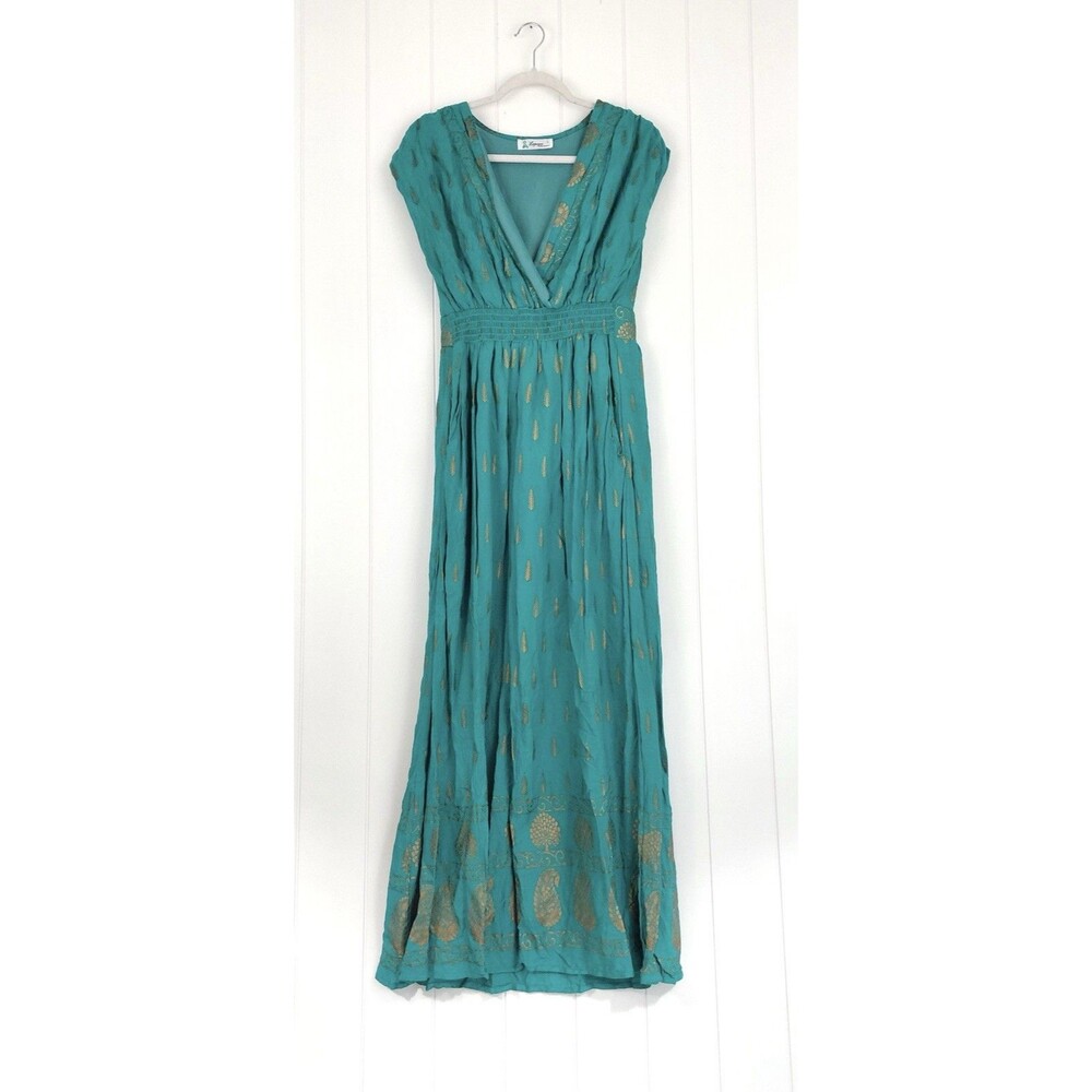 Lapogee Emerald Green & Gold 100% Indian Rayon Flowy Boho Maxi Dress Size Large - Picture 2 of 8